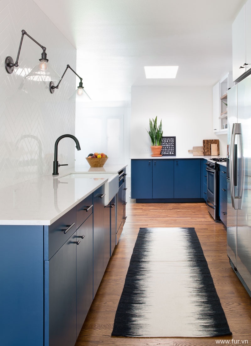 blue kitchen long narrow
