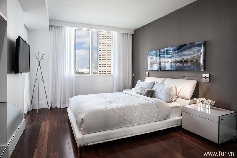 White Contemporary Bedroom With Gray Wall